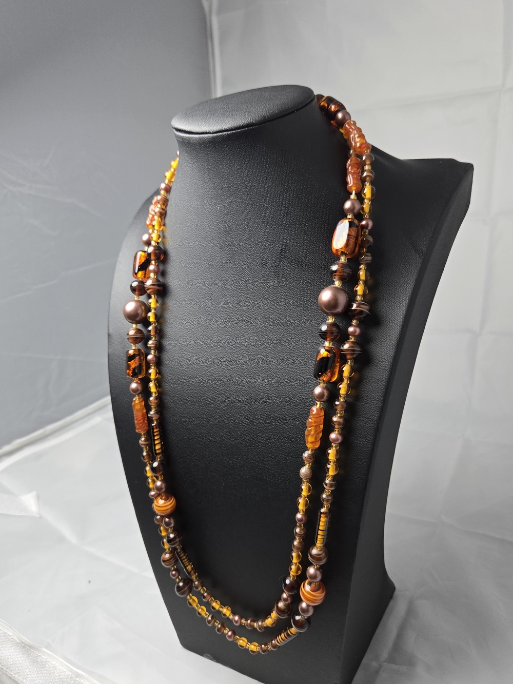 Multistrand Amber & Bronze Beaded Women's Necklace